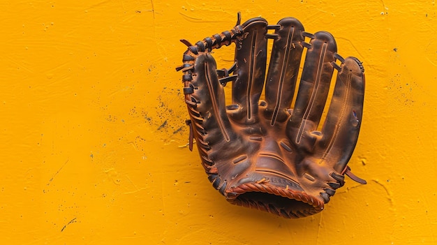 Photo wellworn brown leather baseball glove on a bright yellow background