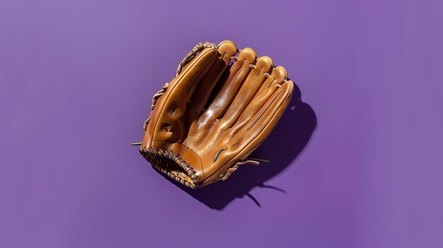 Photo wellworn brown leather baseball glove on a purple background