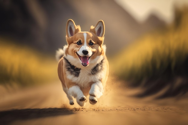 Welsh corgi pembroke dog running outdoors realistis ilustration Generative AI