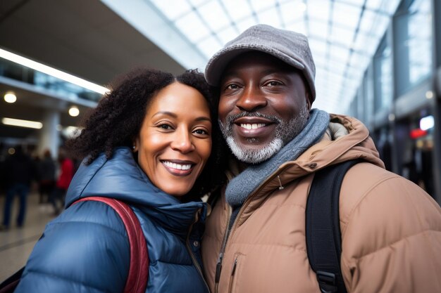 Were going on a trip happy african american couple smiling in airport terminal an elderly african