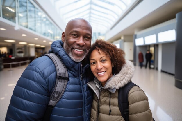 Were going on a trip happy african american couple smiling in airport terminal an elderly african