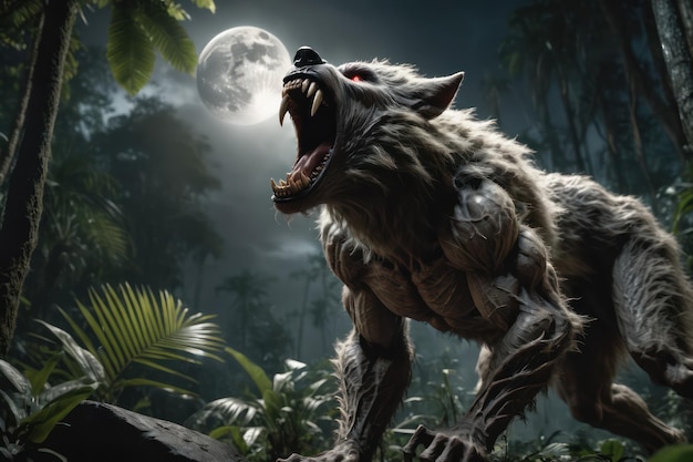 A Werewolf in the dark forest with full moon background AI Generated