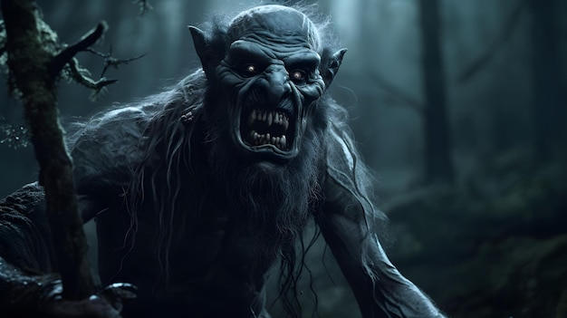 A werewolf in a dark forest with a scary face.