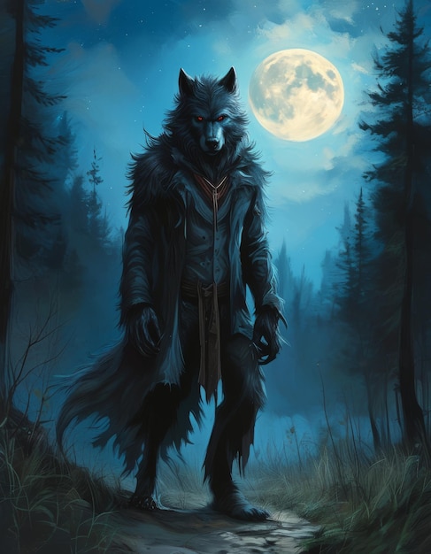 Photo a werewolf in the forest at night with the moon