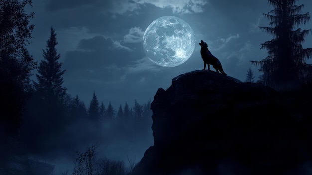 Photo werewolf howl under a full moon forest silhouette