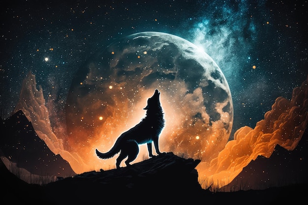 Werewolf howling at full moon surrounded by stars