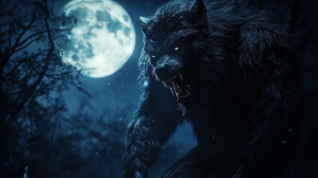 Werewolf Howling at the Moon in a Dark Forest