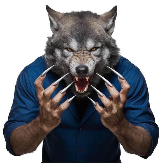 Photo werewolf midtransformation with sharp claws and snarling face isolated on white background