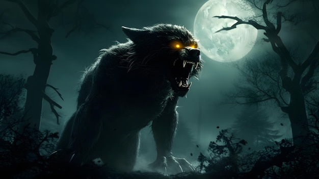 A werewolf in the moonlight with a full moon in the background