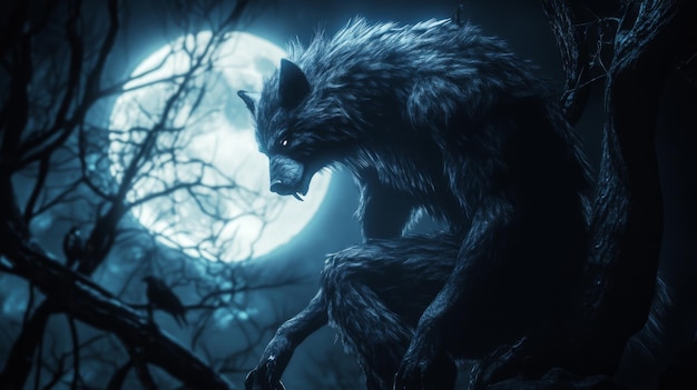 A Werewolf Perched on a Branch Under a Full Moon