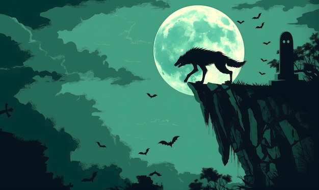 Photo werewolf running on the cliff in graveyard with full moon