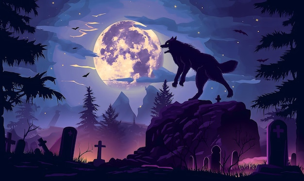 werewolf running on the cliff in graveyard with full moon