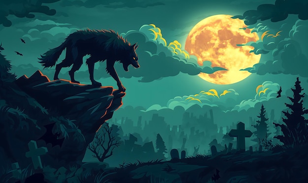 werewolf running on the cliff in graveyard with full moon