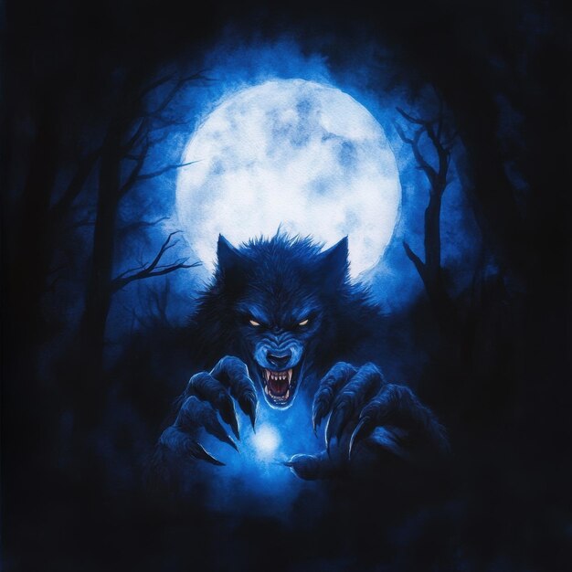 A werewolf transformation under a full moon with a dark forest background