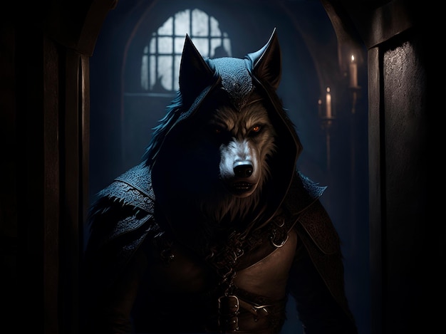 A werewolf wearing a dark leather hood in a dark room with a window and candles