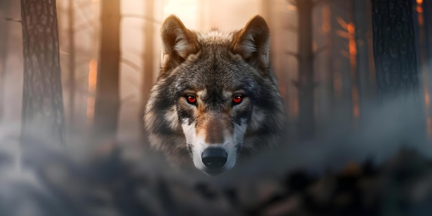 A werewolf with red eyes lurks in misty forest ready to attack Concept Dark Fantasy Spooky Creatures Sinister Forest Horror Scenes Paranormal Encounters