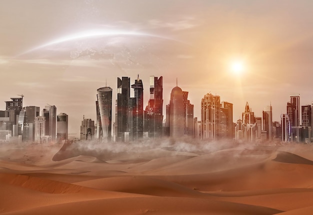 West Bay skyline and Doha city during sunrise with desert, Qatar