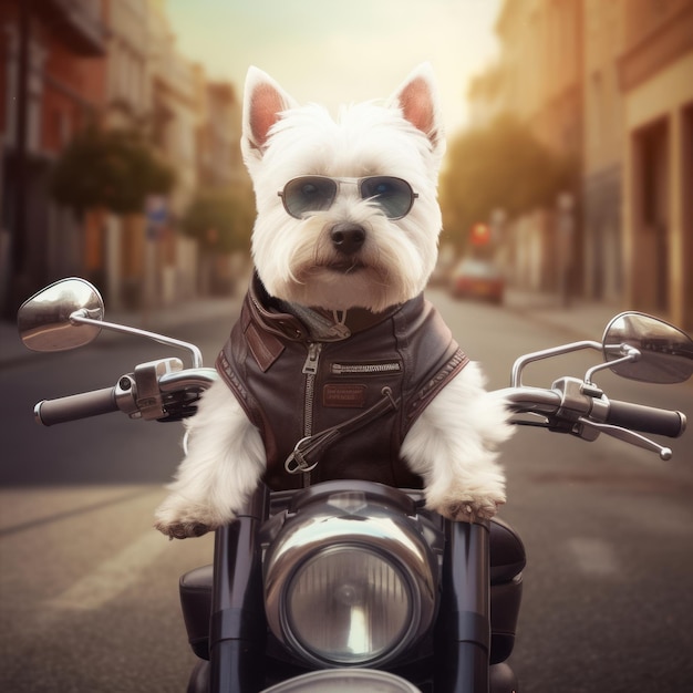 West Highland White Terrier riding on motor cycle on road generative AI