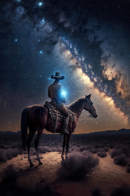 Western Cowboy riding his horse at night under the milky way galaxy - Digital painting