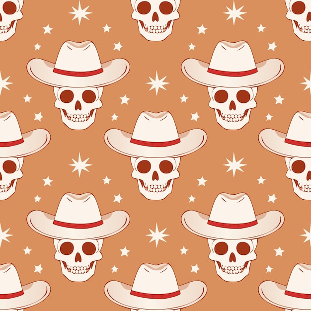 Photo western cowboy skull and star halloween seamless pattern retro style funny skull wearing cowboy hat