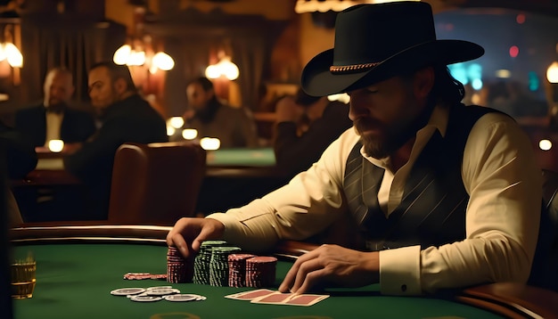 A western gambler playing poker in a dimly lit saloon