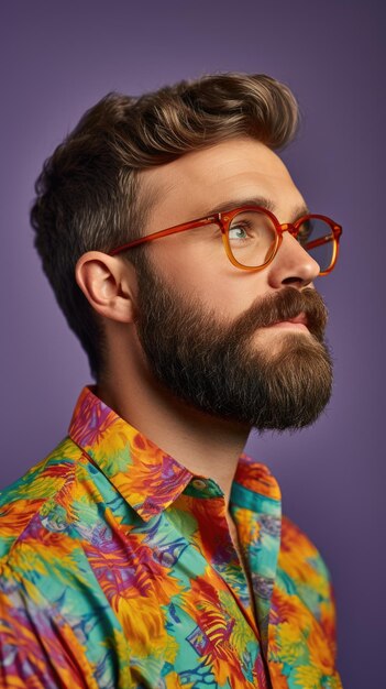 Western man with bushy beard wearing glasses colorful shirt