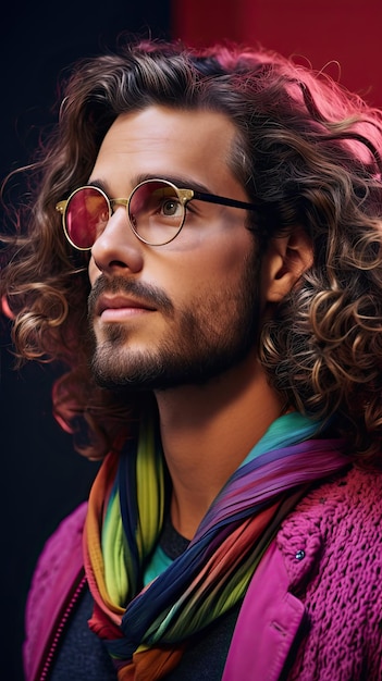 Western man with long curly hair wearing glasses