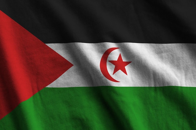 Western Sahara flag with big folds waving close up under the studio light indoors The official symbols and colors in banner