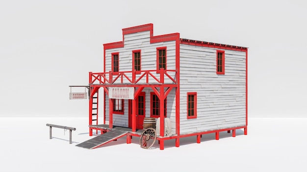 Western saloon building isolated on white background, 3d rendering