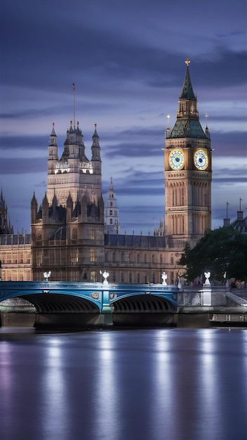 Westminster palace and bridge at summer night in london uk