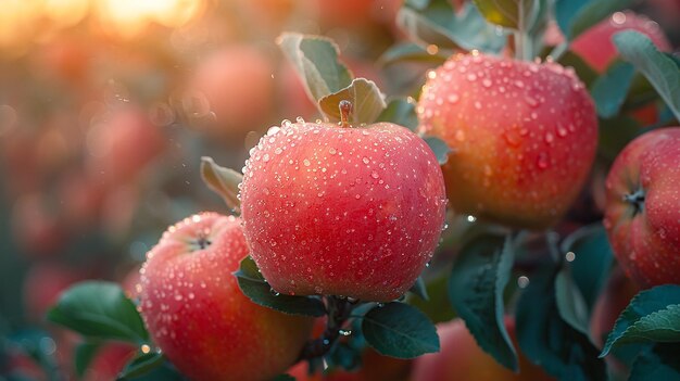 a wet apple tree with water droplets on it