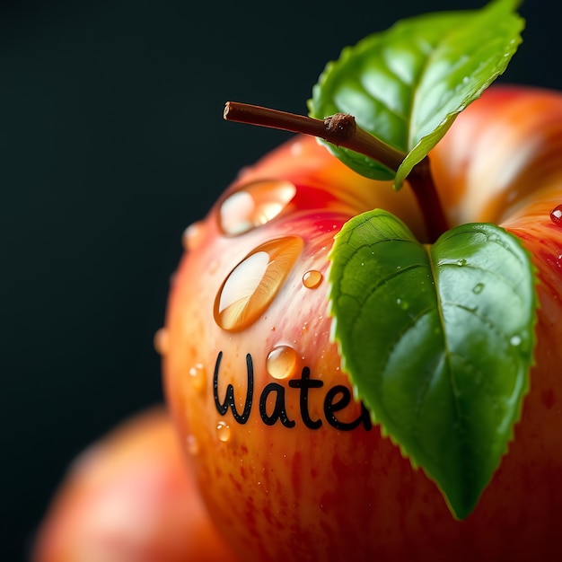 Photo a wet apple with water drops on it and a leaf that says water on it