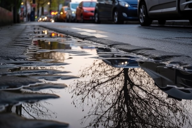 Wet asphalt after a heavy rain with puddles and reflections on the street