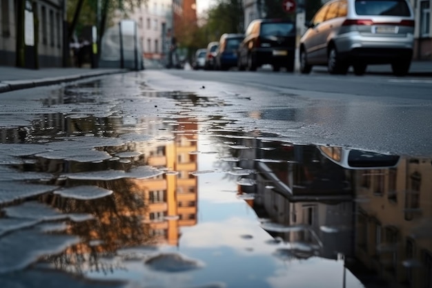 Wet asphalt after a heavy rain with puddles and reflections on the street