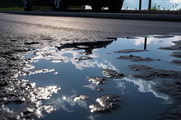 Wet asphalt after rainstorm with puddles and reflections of the sky