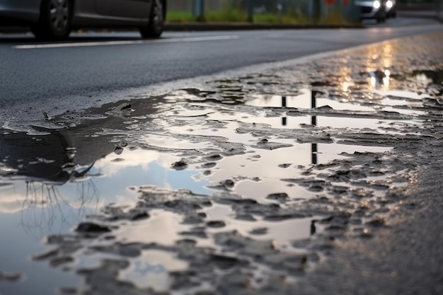 Wet asphalt after rainstorm with puddles and reflections of the sky