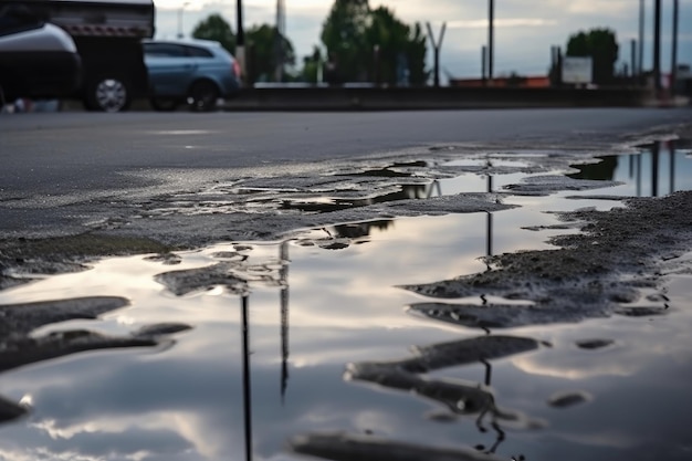 Wet asphalt after rainstorm with puddles and reflections of the sky