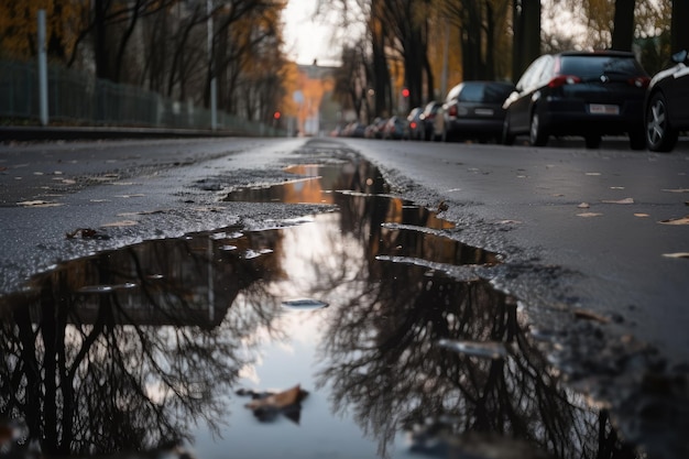 Wet asphalt after a rainstorm with puddles and reflections