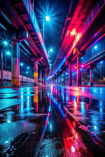 Photo wet asphalt concrete road night view of a dark neon scene neon lights lines rays of blue red neon abstract light virtual scene