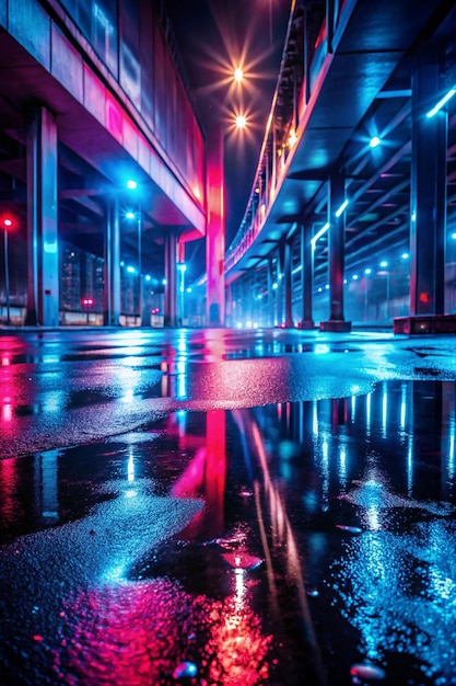 Photo wet asphalt concrete road night view of a dark neon scene neon lights lines rays of blue red neon abstract light virtual scene