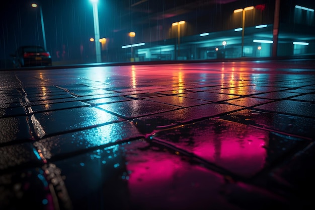 Wet asphalt floor with neon reflection AI generated