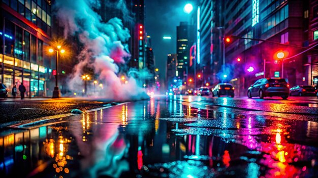 Wet Asphalt Reflection of Neon Lights at Night 4K HD Photo