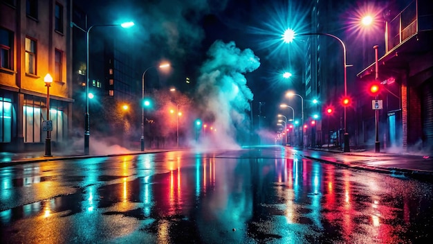 Wet Asphalt Reflection of Neon Lights at Night 4K HD Photo