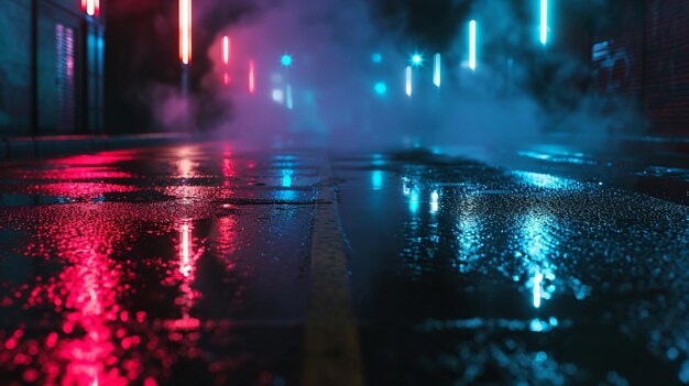 Wet asphalt reflection of neon lights a searchlight smoke Abstract light Generative Ai