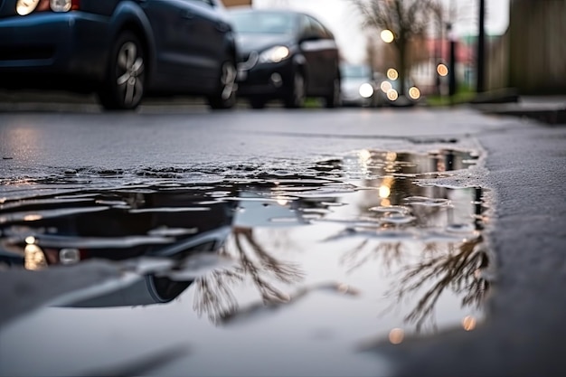 Wet asphalt with puddle reflections and blurred background