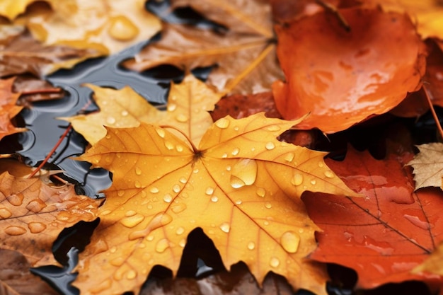 Photo wet autumn leaves glistening after a light rain