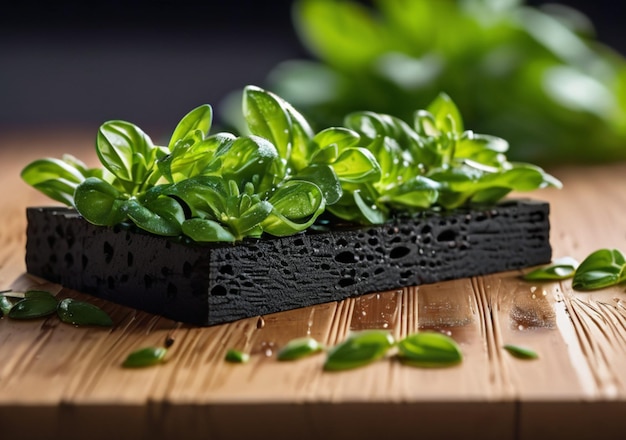 The wet basil rests on a wooden cutting board