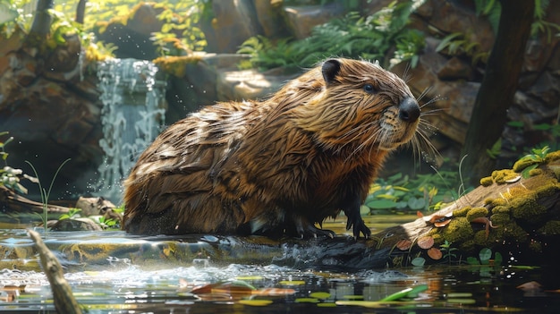 Wet Beaver on Riverbank in Forest