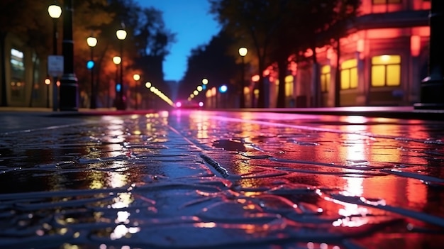 A wet brick road with lights and lights in the background Generative Ai