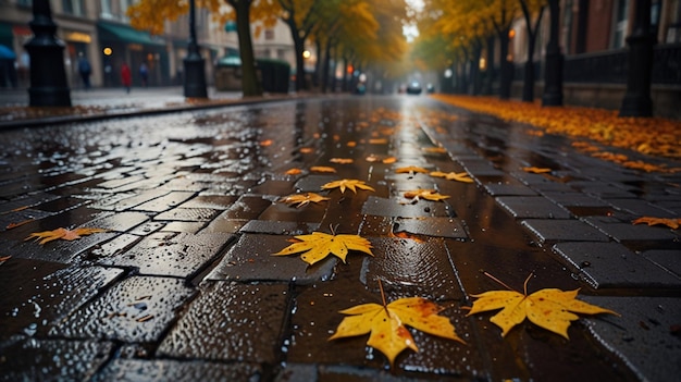 a wet brick sidewalk with yellow leaves on it